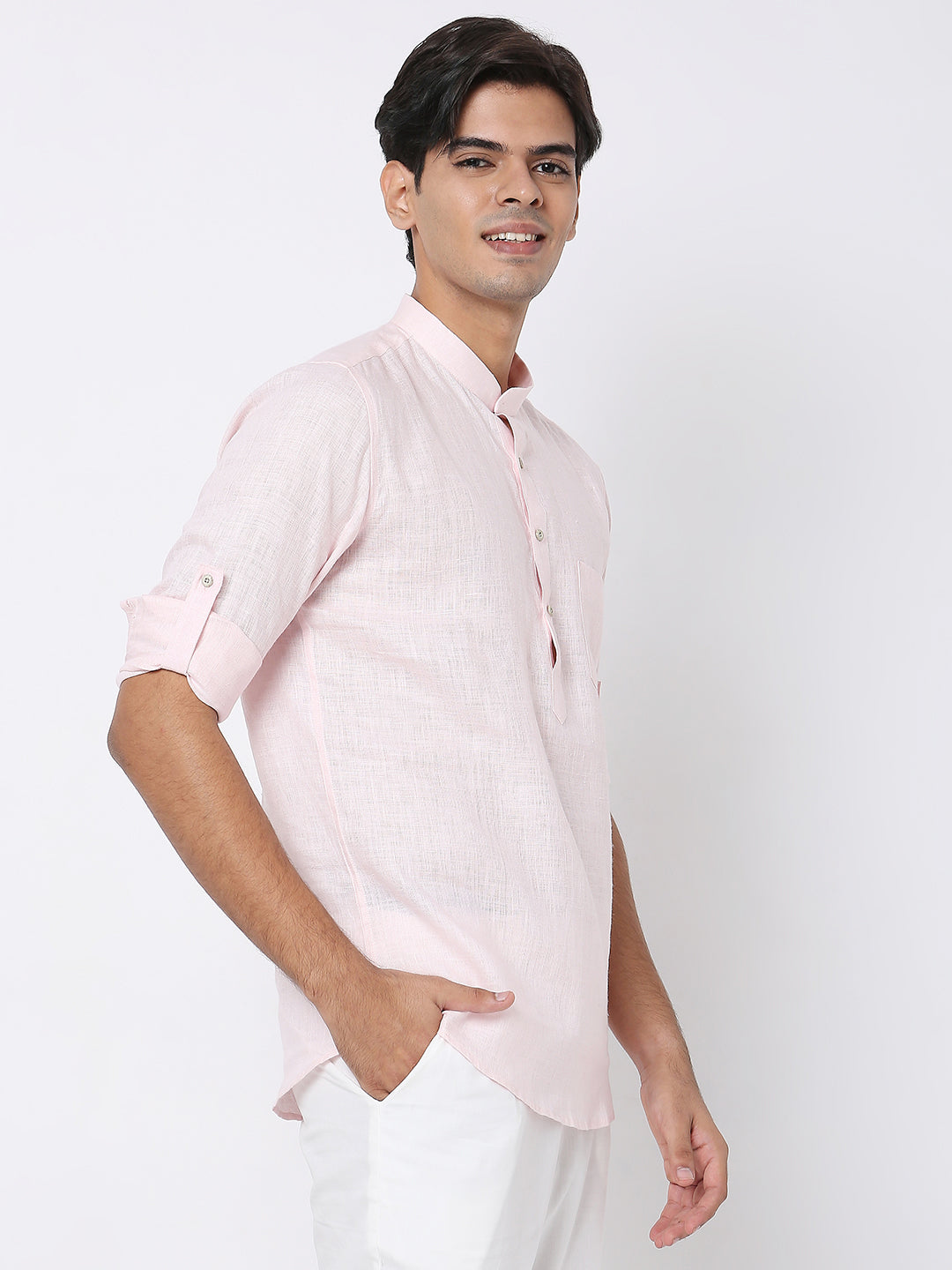 Matchles Men's Pink Linen Solid Kurta
