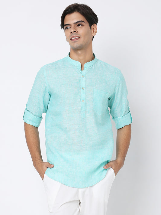 Matchles Men's Sky Blue Linen Solid Kurta