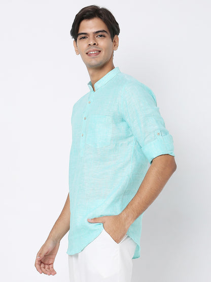 Matchles Men's Sky Blue Linen Solid Kurta