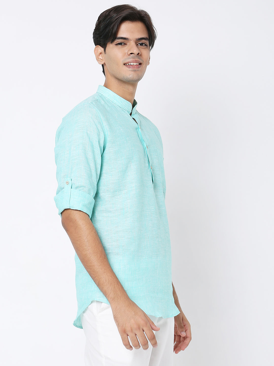 Matchles Men's Sky Blue Linen Solid Kurta