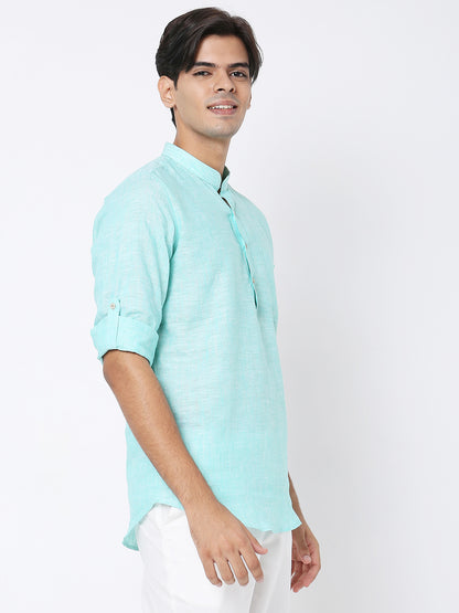 Matchles Men's Sky Blue Linen Solid Kurta