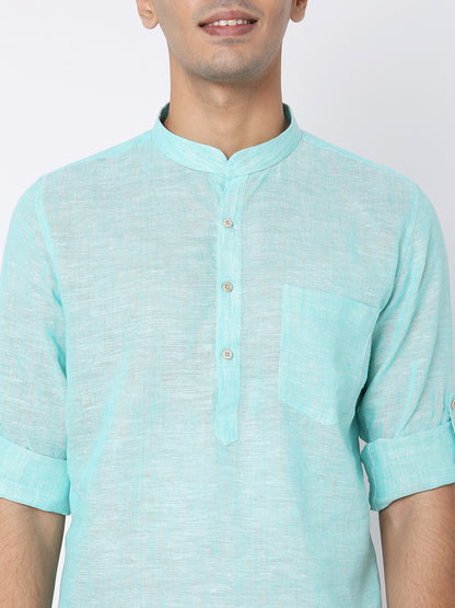 Matchles Men's Sky Blue Linen Solid Kurta