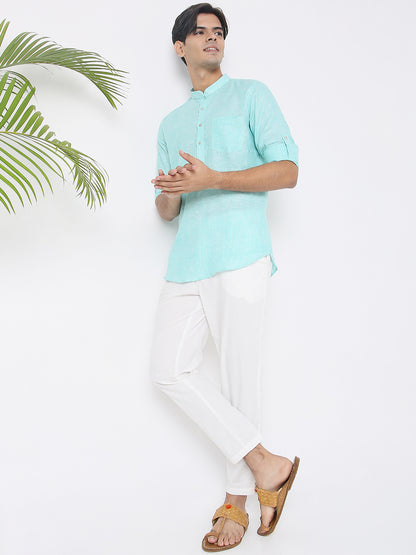Matchles Men's Sky Blue Linen Solid Kurta
