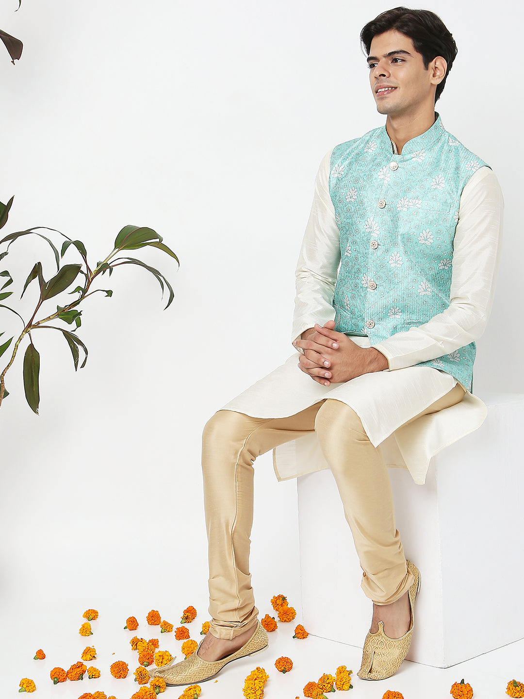 Men's Sky Blue Polyester Floral Jackets