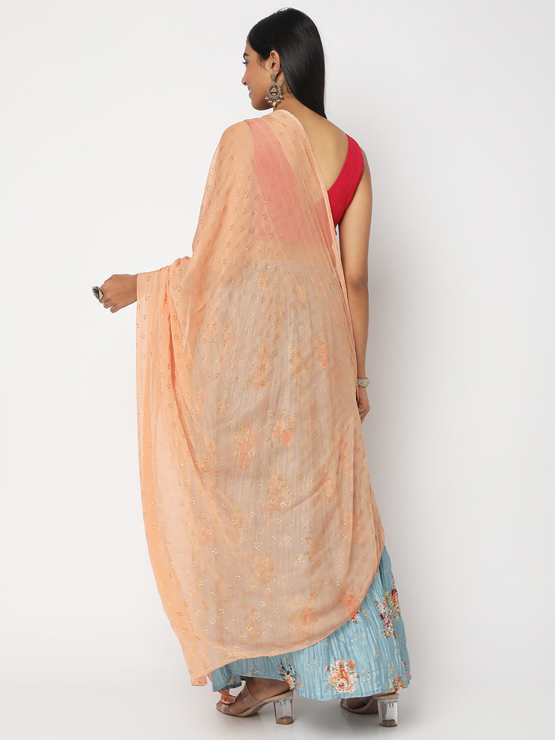 Women's Peach Nylon Chiffon Printed Dupatta
