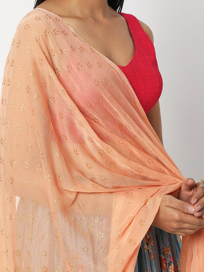 Women's Peach Nylon Chiffon Printed Dupatta