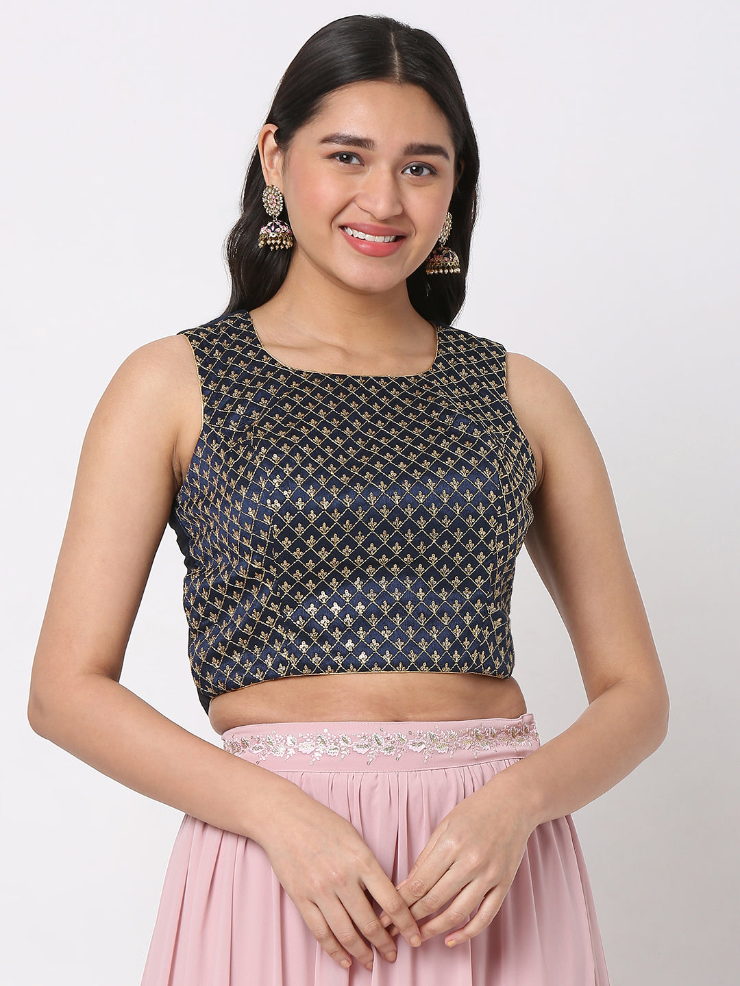 Women's Navy Blue Polyester Embroidered Crop Top