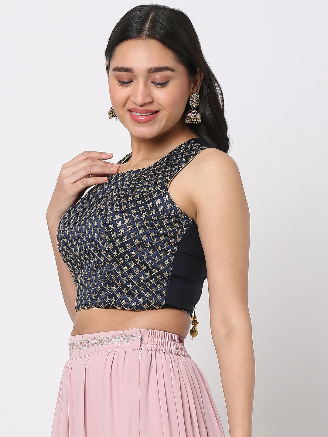 Women's Navy Blue Polyester Embroidered Crop Top