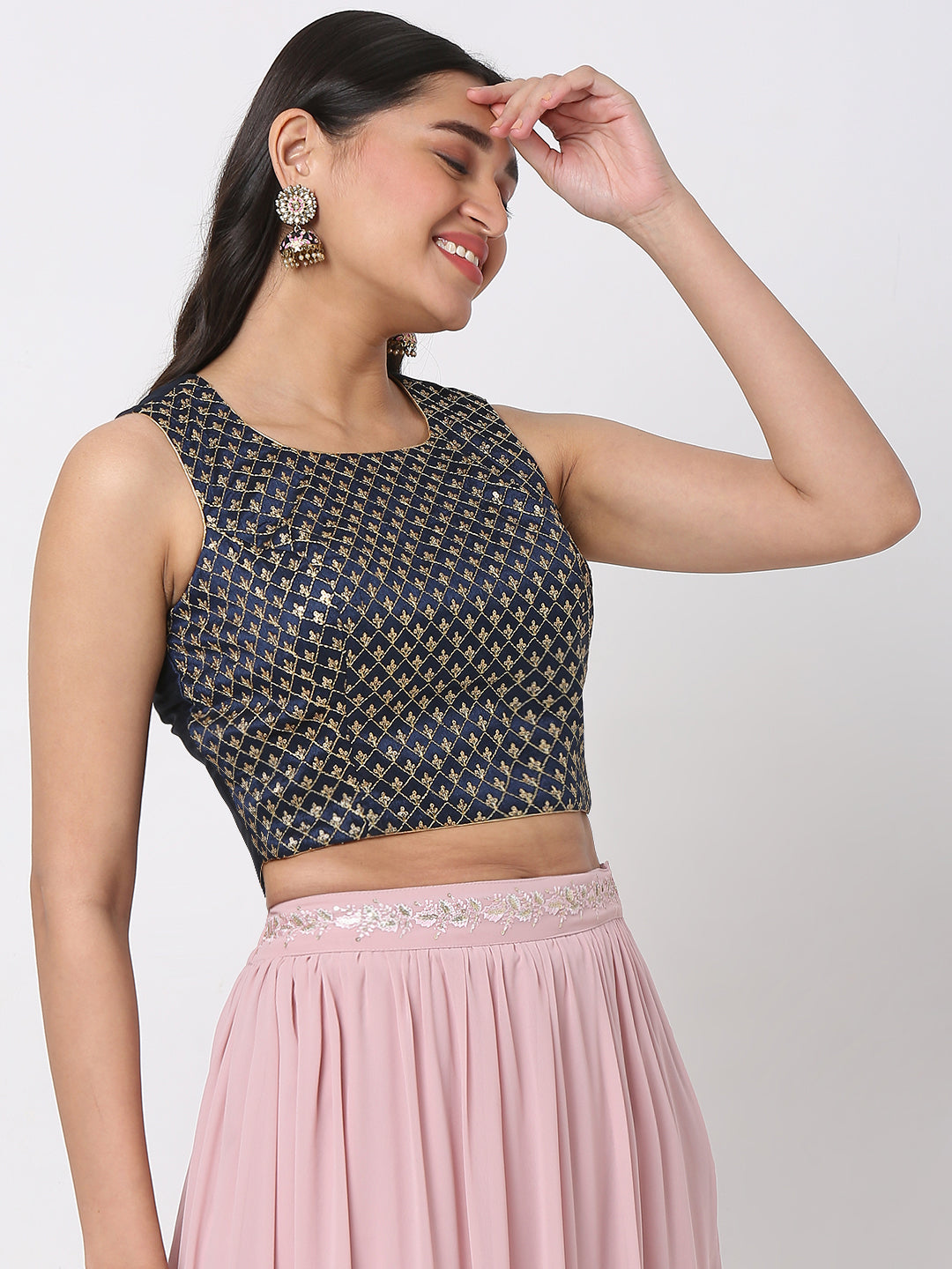 Women's Navy Blue Polyester Embroidered Crop Top