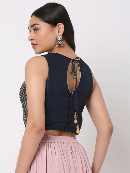Women's Navy Blue Polyester Embroidered Crop Top