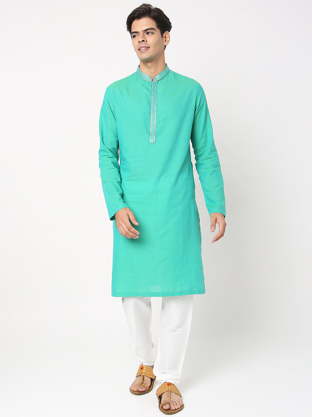 Men's Green Cotton Dobby Embroidered Kurta
