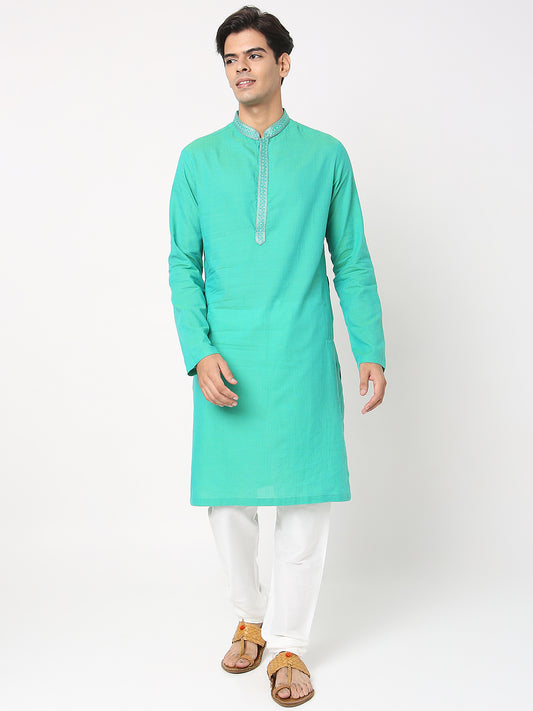 Men's Green Cotton Dobby Embroidered Kurta