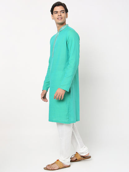 Men's Green Cotton Dobby Embroidered Kurta