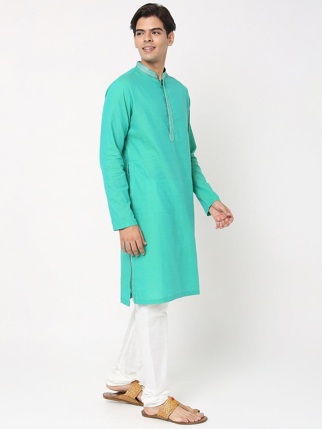 Men's Green Cotton Dobby Embroidered Kurta
