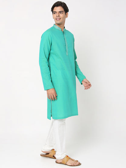 Men's Green Cotton Dobby Embroidered Kurta