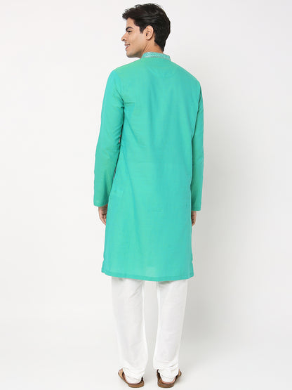 Men's Green Cotton Dobby Embroidered Kurta