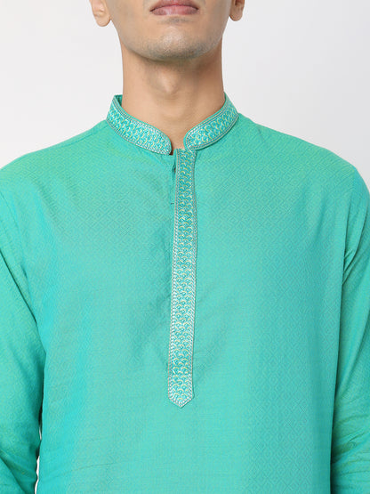 Men's Green Cotton Dobby Embroidered Kurta