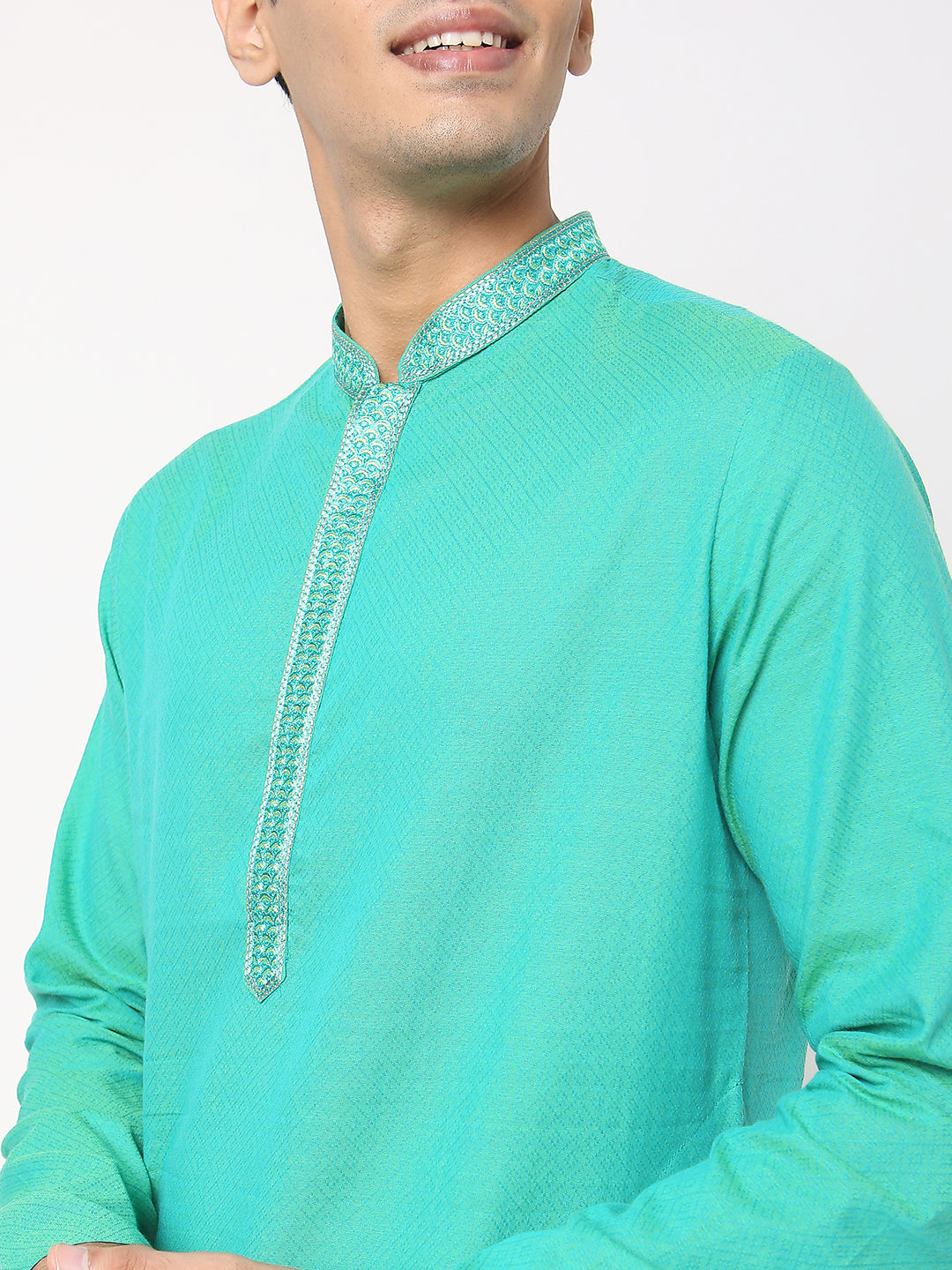 Men's Green Cotton Dobby Embroidered Kurta