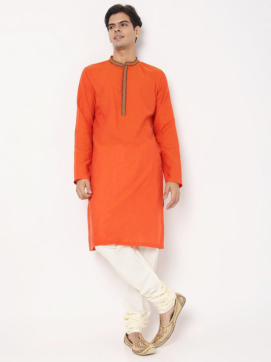 Men's Orange Cotton Dobby Embroidered Kurta