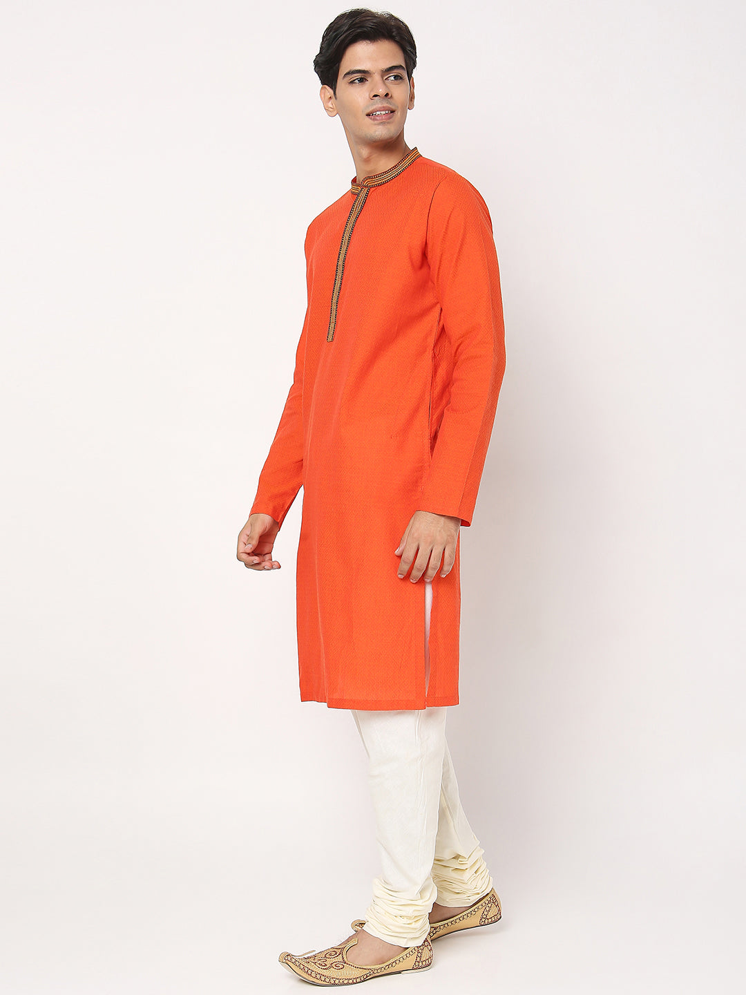 Men's Orange Cotton Dobby Embroidered Kurta