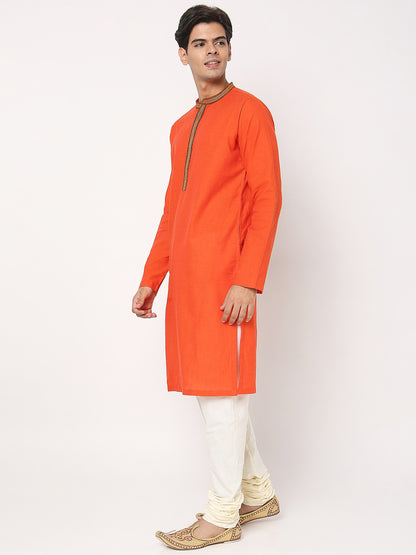 Men's Orange Cotton Dobby Embroidered Kurta