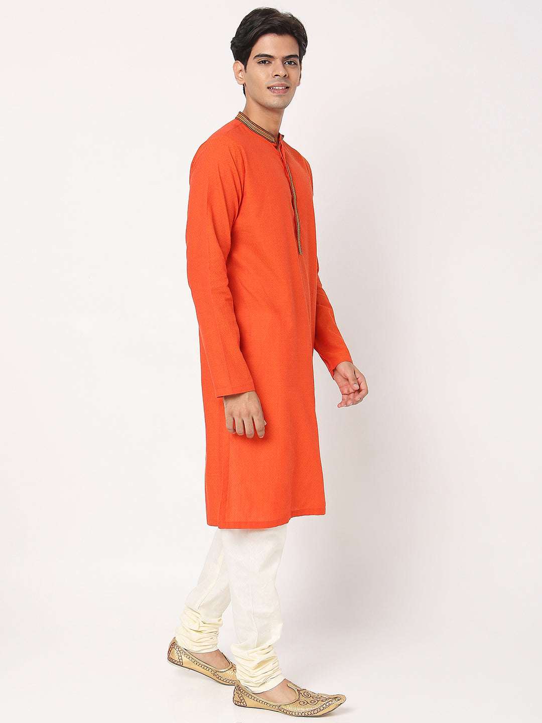 Men's Orange Cotton Dobby Embroidered Kurta