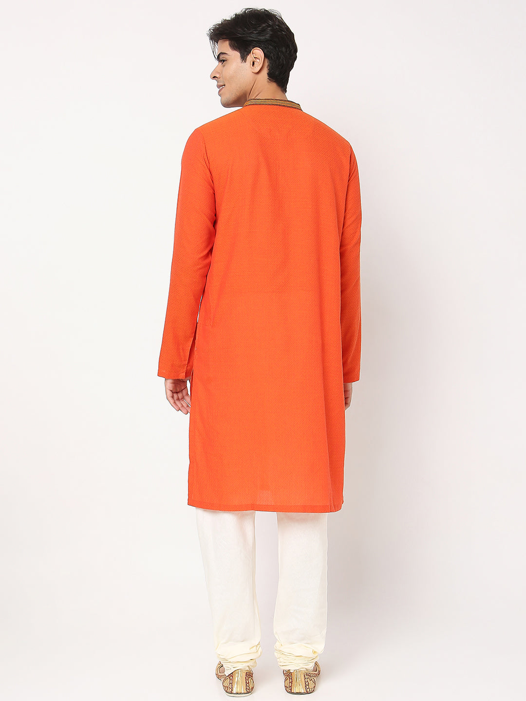 Men's Orange Cotton Dobby Embroidered Kurta