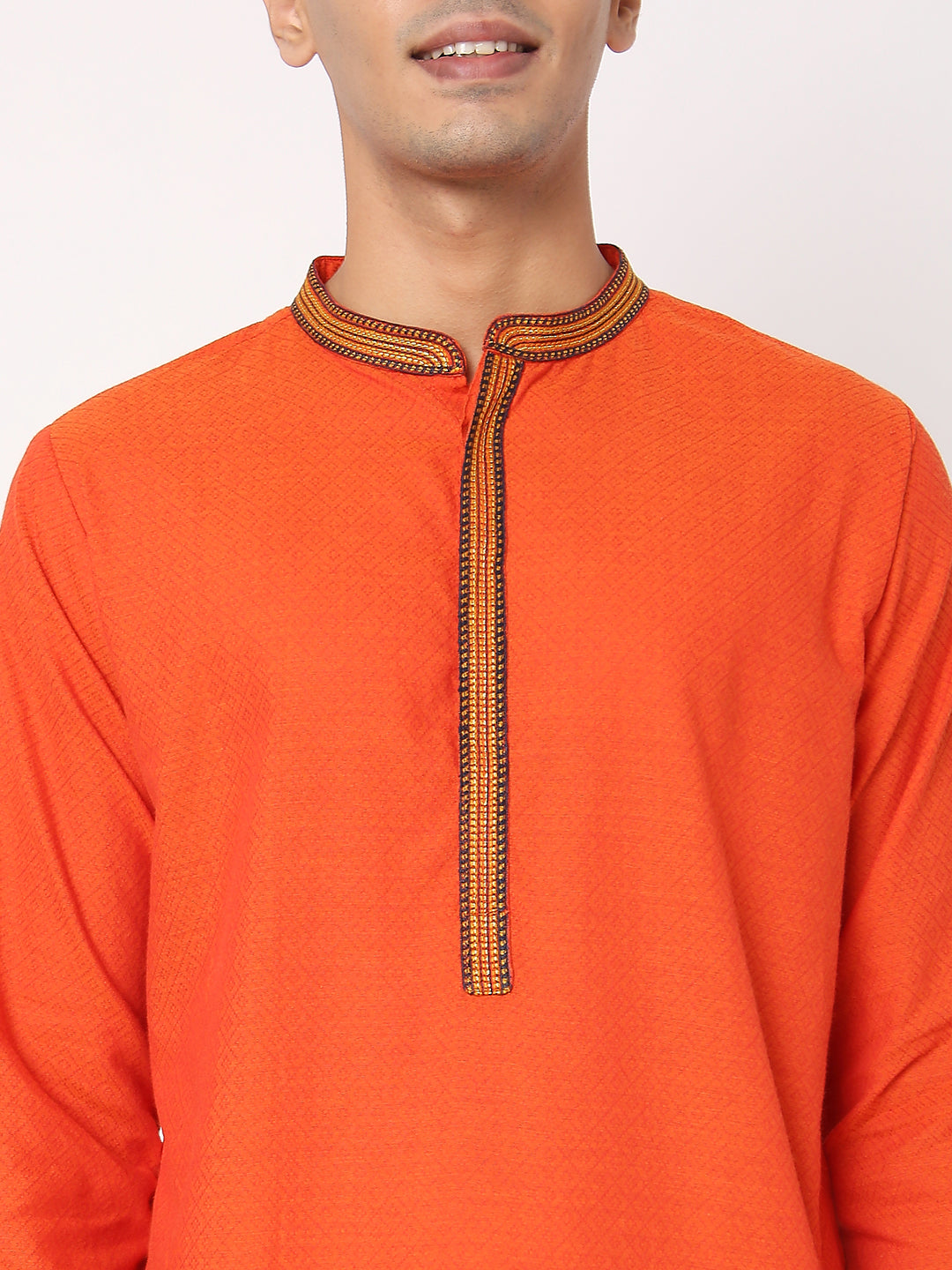Men's Orange Cotton Dobby Embroidered Kurta