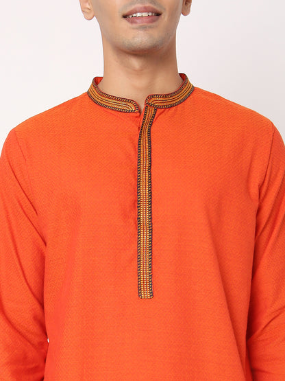 Men's Orange Cotton Dobby Embroidered Kurta