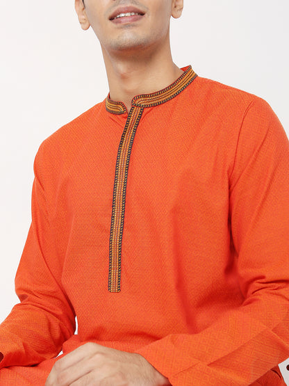 Men's Orange Cotton Dobby Embroidered Kurta