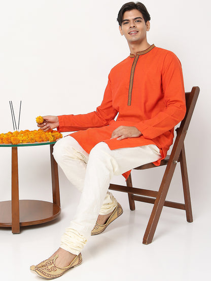 Men's Orange Cotton Dobby Embroidered Kurta