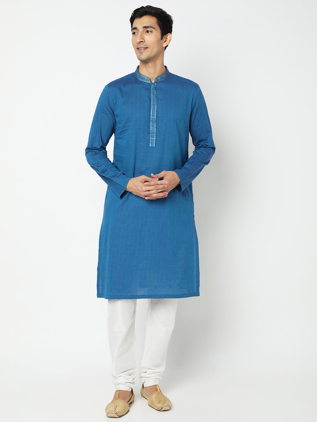 Men's Blue Cotton Embroidered Kurta