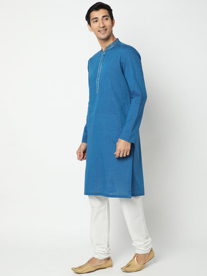Men's Blue Cotton Embroidered Kurta