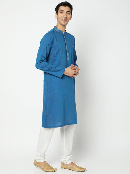 Men's Blue Cotton Embroidered Kurta