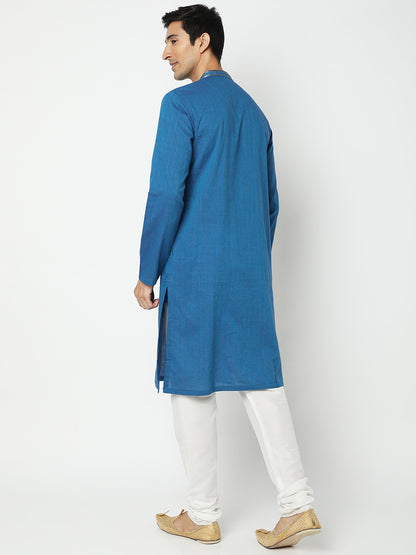 Men's Blue Cotton Embroidered Kurta