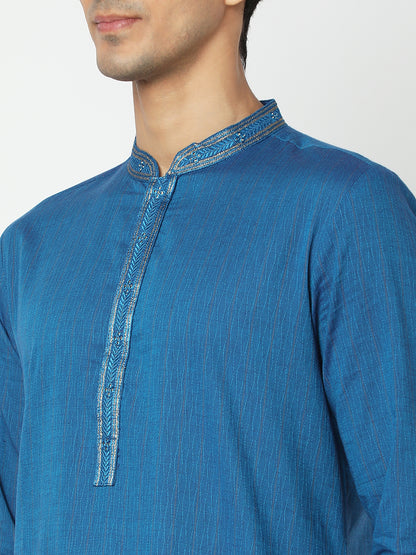 Men's Blue Cotton Embroidered Kurta