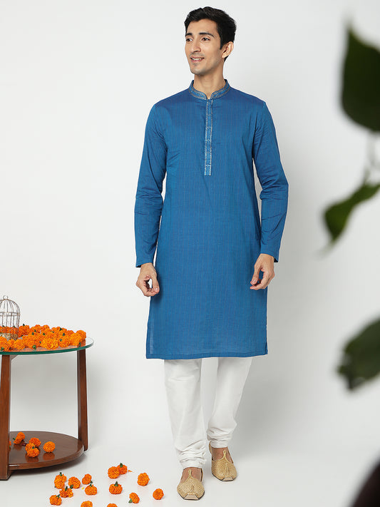 Men's Blue Cotton Embroidered Kurta