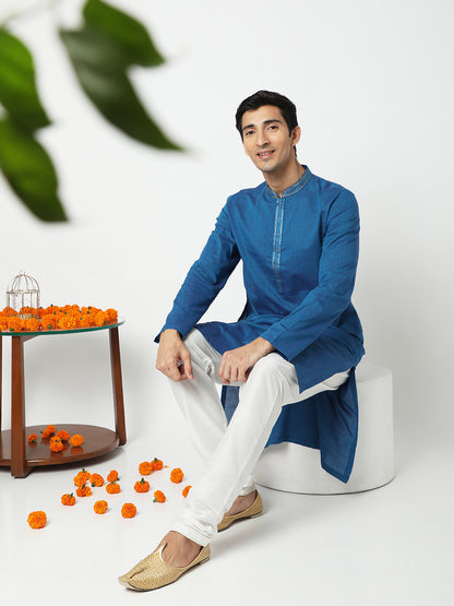 Men's Blue Cotton Embroidered Kurta