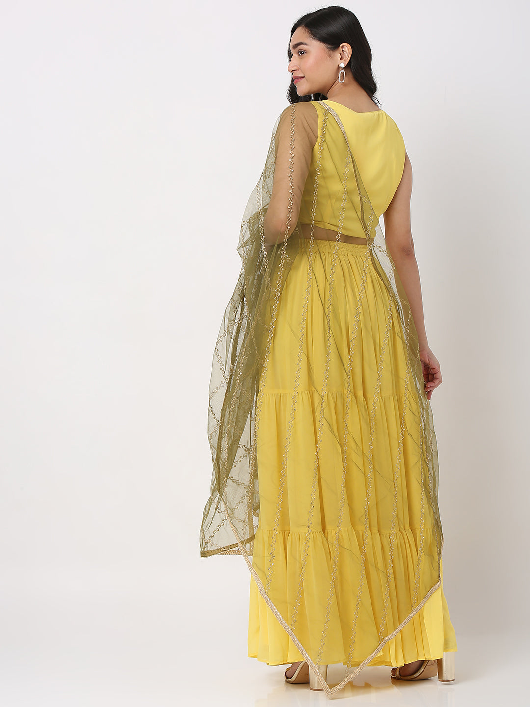 Women's Olive Nylon Embellished Dupatta