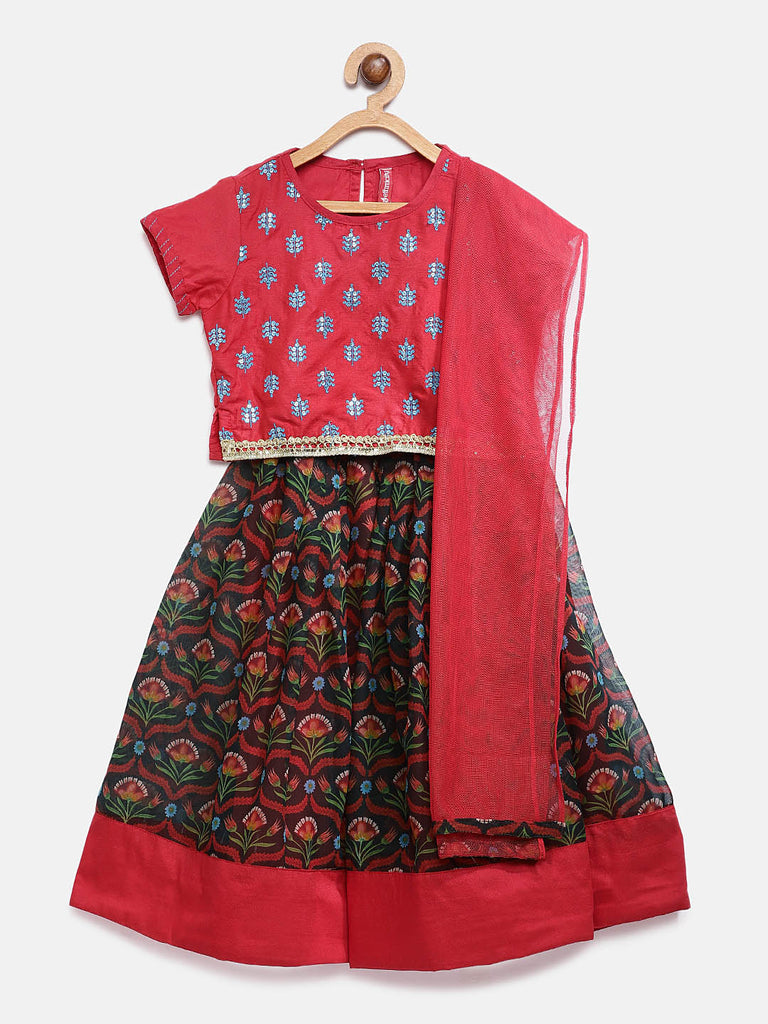 Kids Girls Kalidar Three-Fourth Red Lehenga Set