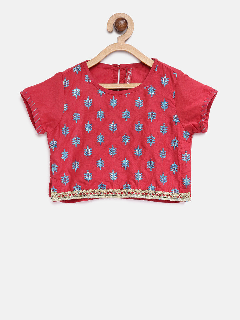 Kids Girls Kalidar Three-Fourth Red Lehenga Set