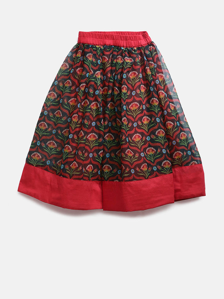 Kids Girls Kalidar Three-Fourth Red Lehenga Set