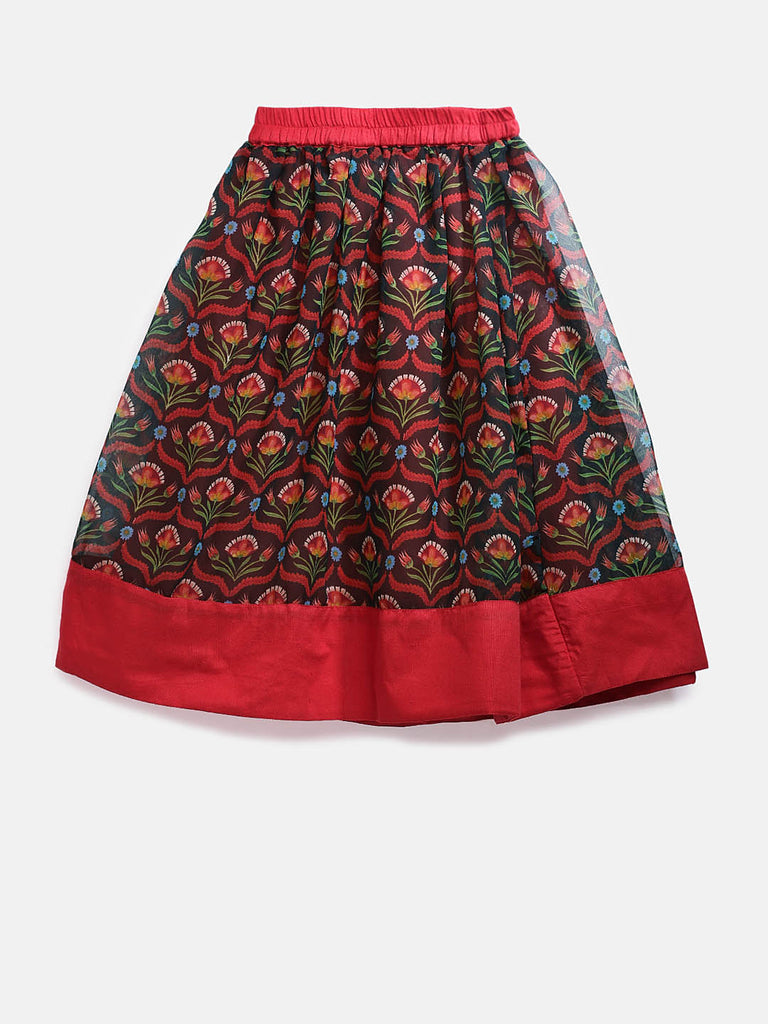 Kids Girls Kalidar Three-Fourth Red Lehenga Set