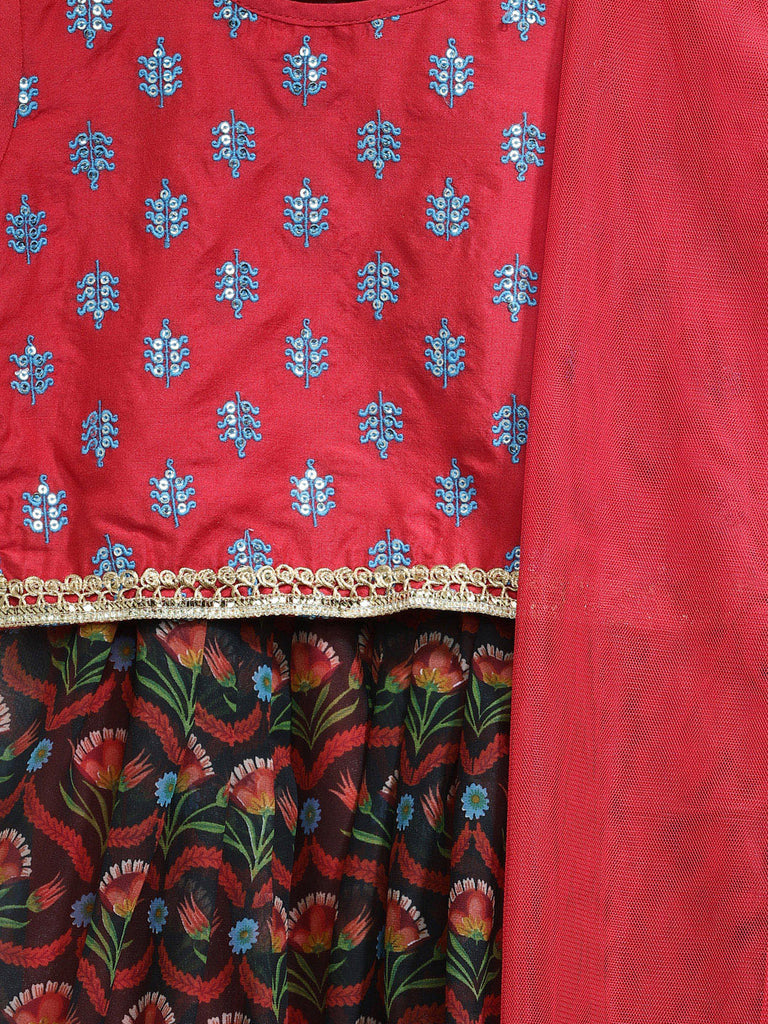 Kids Girls Kalidar Three-Fourth Red Lehenga Set