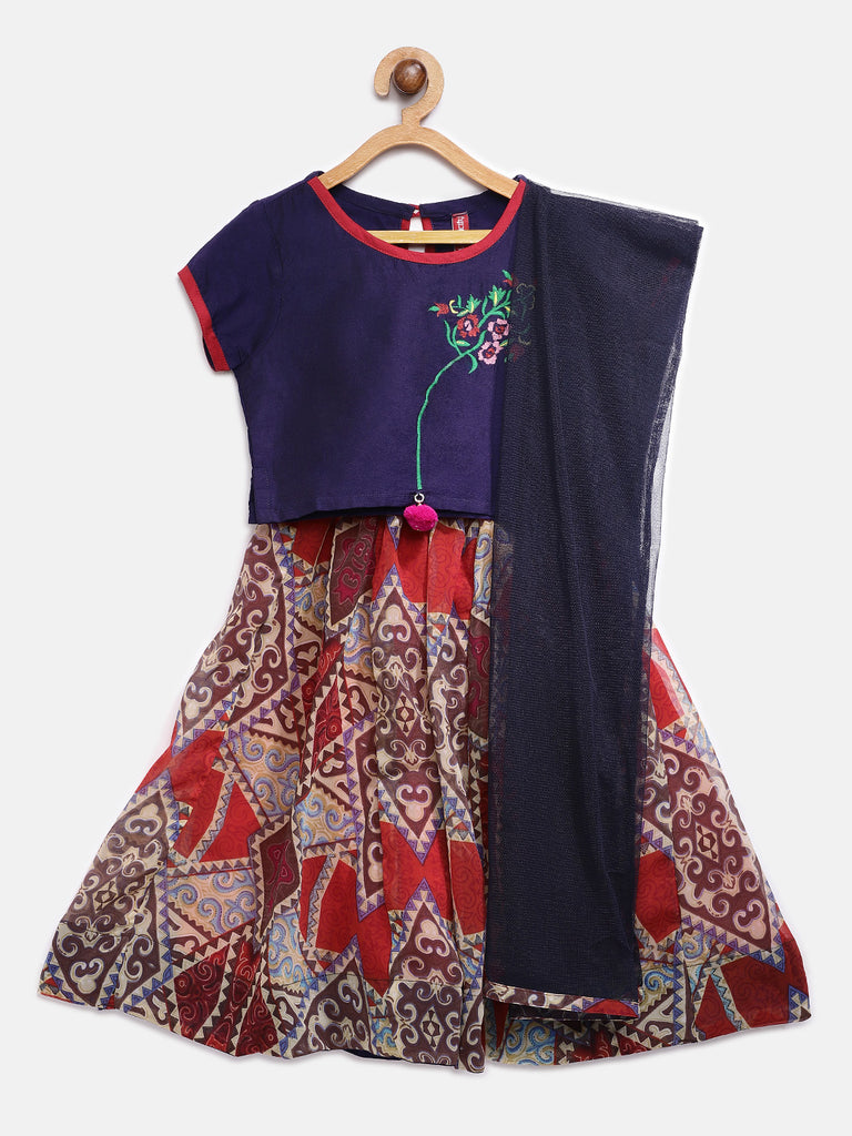 Kids Girls Kalidar Three-Fourth Navy Lehenga Set