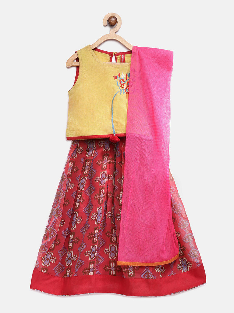 Kids Girls Kalidar Three-Fourth Mustard Lehenga Set
