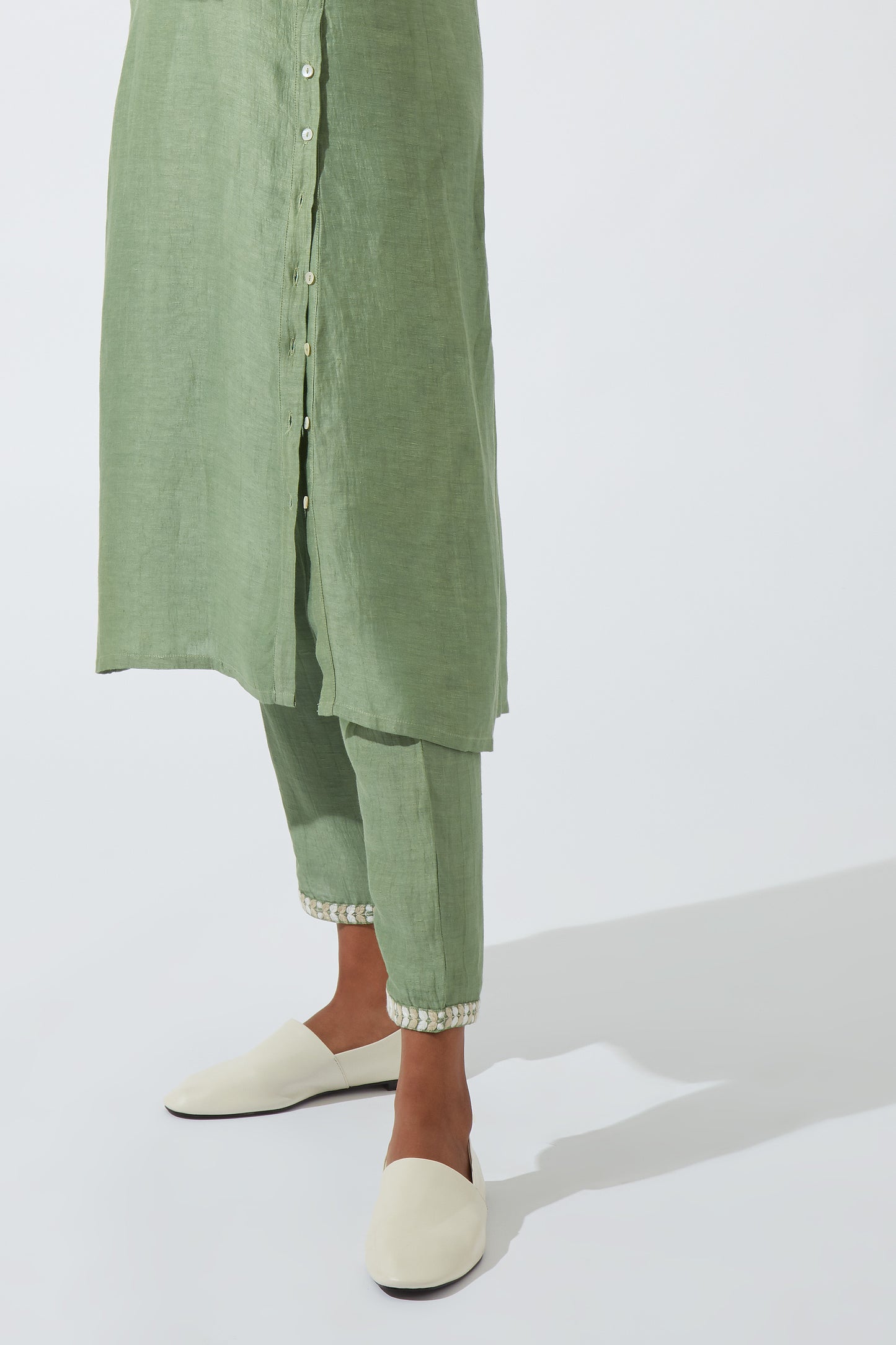 Frost Green Pants With Embroidered Hem