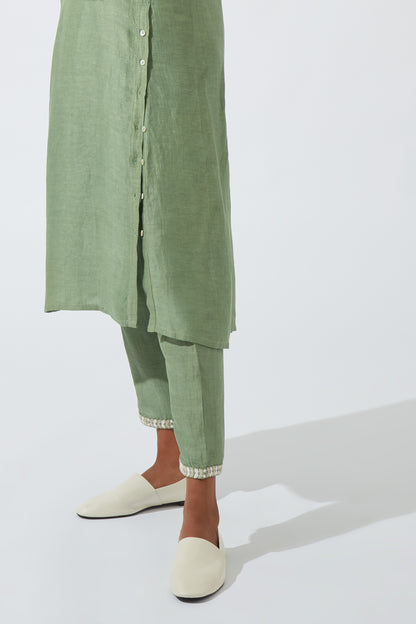 Frost Green Pants With Embroidered Hem