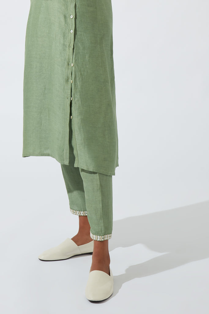 Frost Green Pants With Embroidered Hem