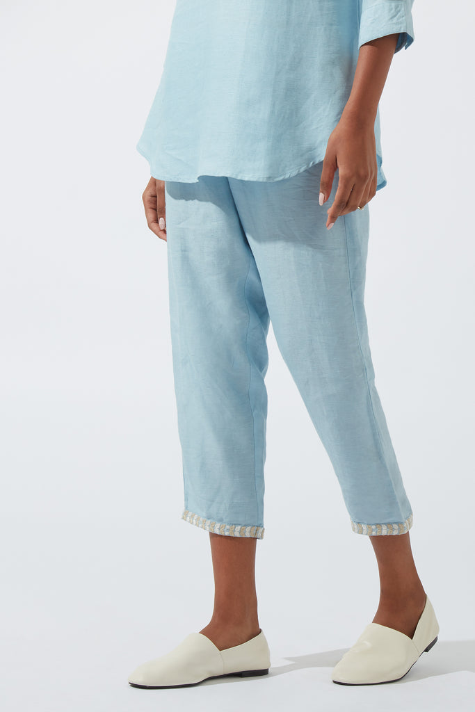 Crystal Blue Pants With Embroidered Hem